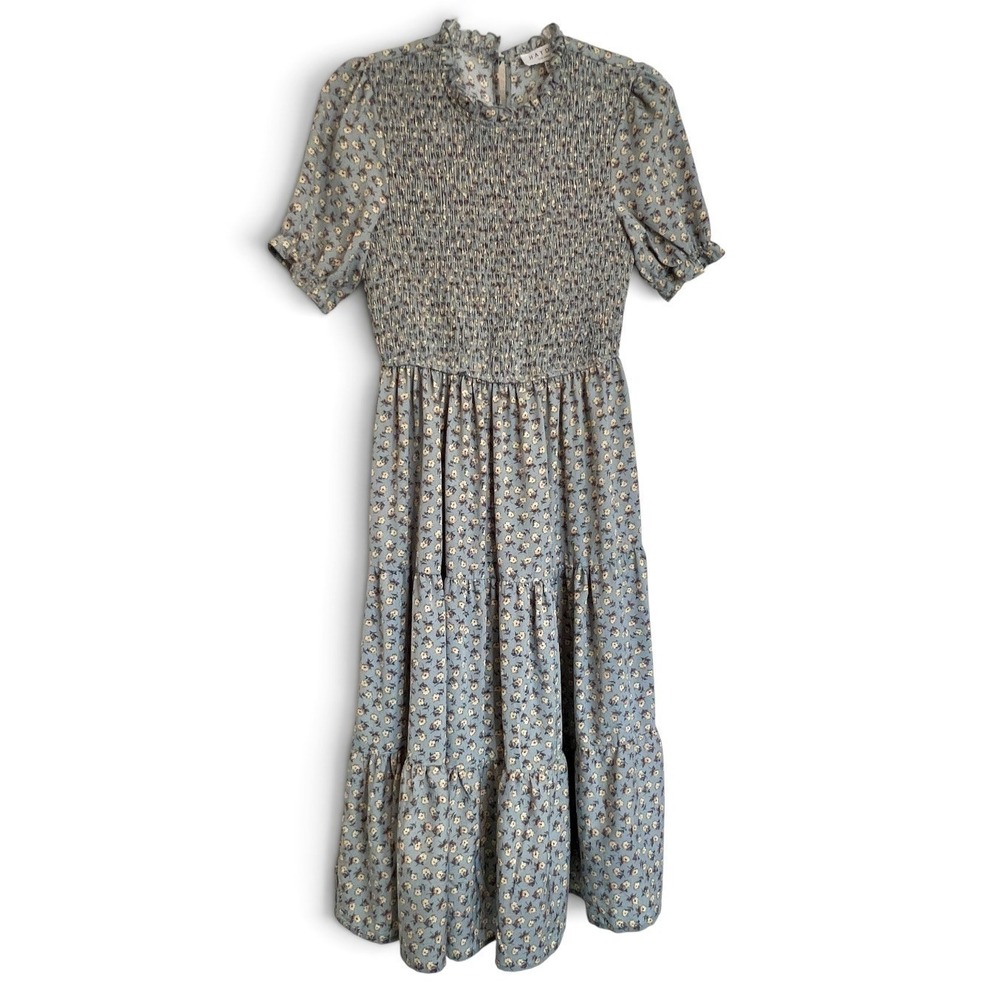 Hayden Los Angeles Sz S Midi Dress Blue Floral Smocked Ruffle Tiered New
